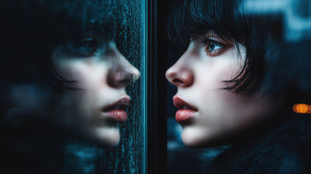 Young woman with short dark hair looking through a rain-covered window at night. Moody contemplation and solitudeの素材