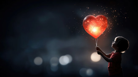Silhouette of a child holding a glowing red heart balloon at night. Love and innocenceの素材