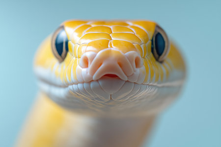 Yellow albino python staring directly at the camera with soft blue backgroundの素材