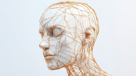 Abstract sculpture of a human head made of wire mesh on white background. Concept of artificial intelligenceの素材