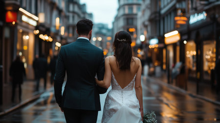 Bride and groom walking in city street at dusk. urban wedding styleの素材