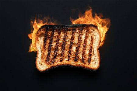 Burnt toast slice on fire against black background. food failure conceptの素材