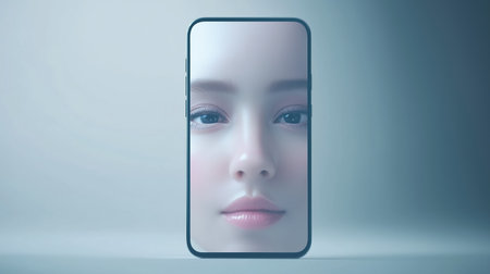 Face of young woman displayed on smartphone for digital beauty and technologyの素材