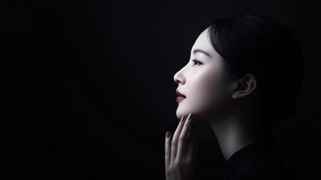 Elegant Asian woman in profile on black background for beauty and cosmetic designの素材