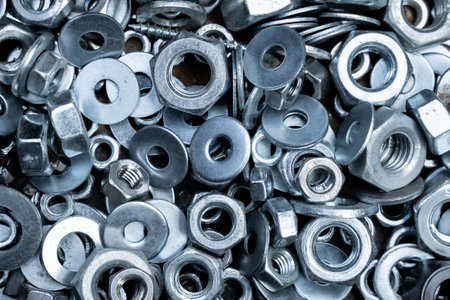 Macro view of assorted metal nuts and washers forming an abstract industrial pattern useful in...