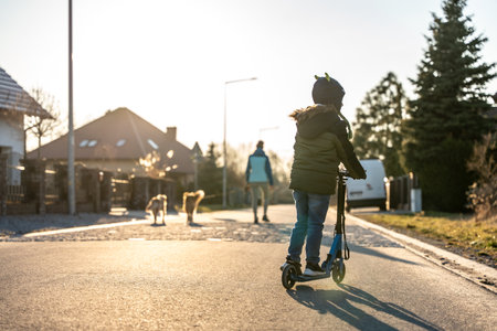 Child on scooter riding down suburban street in early morning light with dogs and parent in background, expressing calm family lifestyleの写真素材