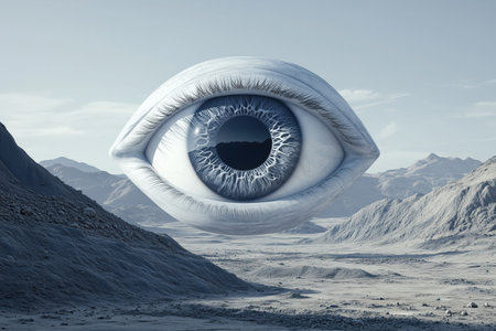 Surreal white eye floating in a gray alien desert with mountains in backgroundの素材