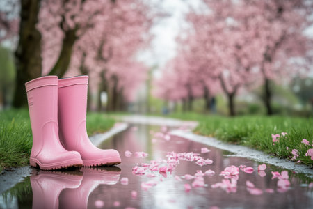 Pink rubber boots standing by cherry blossom lane in spring rainの素材