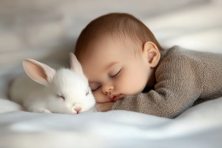 Baby sleeping peacefully beside a white bunnyの素材