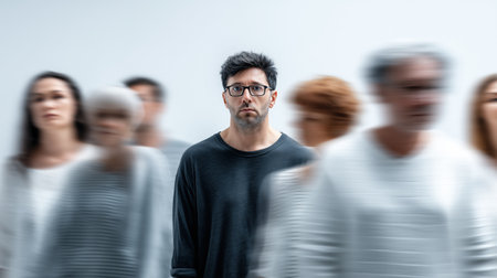 Man standing still among blurred crowd reflecting anxietyの素材