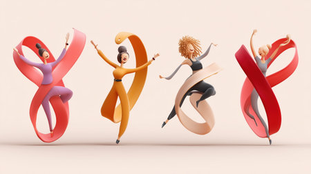 Stylized animated women dancing with ribbons in joyful movementの素材