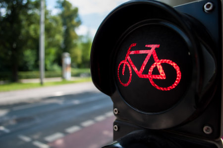 Red bicycle traffic light signal on city street during daytime indicating stop for cyclists in...