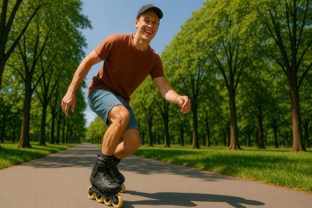 Smiling man rollerblading. summer activity, motion and health in parkの素材