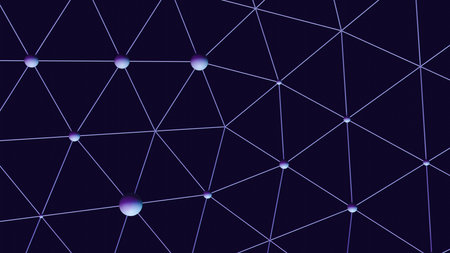 Geometric 3D abstract mesh pattern with purple nodes and dark background, used in concepts of...