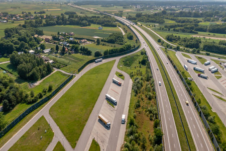 Aerial view of highway with trucks parked at rest area showing infrastructure and transport...