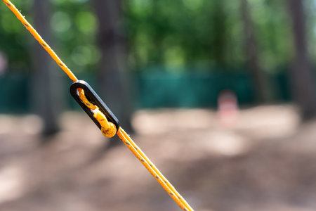 Close Up Of Yellow Guyline With Black Tensioner For Tent