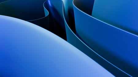 Macro View Of Blue 3D Ribbon Abstract Curves With Smooth Gradient Surfaces On Dark Background