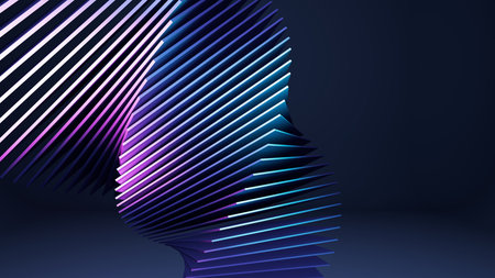 3D Abstract Structure Of Gradient Lines In Purple And Blue On Dark Background For Modern Design
