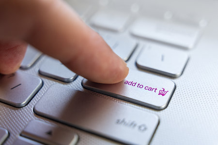 Finger On Add To Cart Keyboard Button Key To Press For Online Shopping Cart Purchase, Ecommerce Macro Closeup UX UIの写真素材