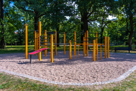 Outdoor Calisthenics Park With Yellow Bars, Fitness Workout Station For Bodyweight Trainingの写真素材