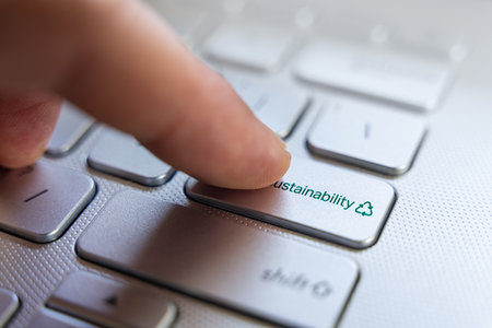 Finger On Sustainability Keyboard Button Key To Press Online For Eco Green Action, Macro Closeup Responsibilityの写真素材