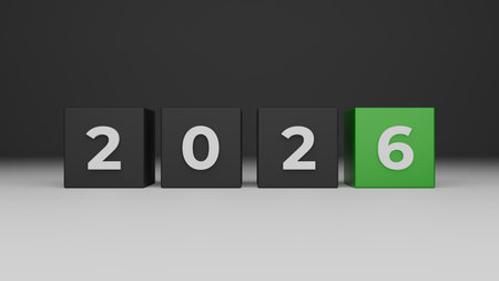 Black Cubes Displaying 2026 With Green Highlight For New Year Designの写真素材