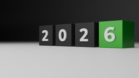 Black And Green Cubes Forming 2026 With Copy Space And Subtle 2025â2026 Change In Front Angleの写真素材