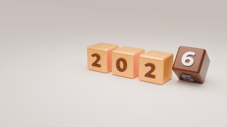 Pastel And Brown Cubes Aligning Into 2026 For Soft New Year Conceptの写真素材