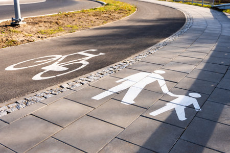 Shared Pedestrian And Bicycle Path With White Symbols On Pavement, Safe Urban Walkway And Cycling Route Infrastructureの写真素材