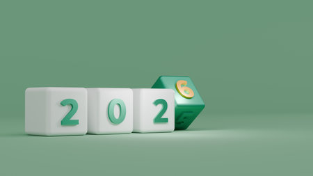 Green And White Cubes Displaying 2026 In Front Camera Angle With Gold Digit And Rolling Block Showing New Year Shiftの写真素材