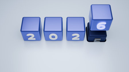 Top View Blue Cubes With Raised Six Above Five Showing 2025 To 2026 Progress