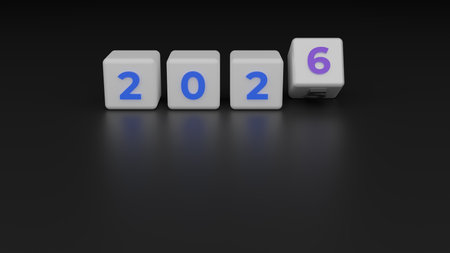 White Cubes With Blue And Purple Digits Forming 2026 On Dark Glossy Backgroundの写真素材