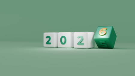 Green And White Cubes Displaying 2026 With Golden Digit For Fresh Calendar Updateの写真素材