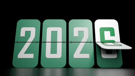 2026 Flip Display In Green Color With White Transition Digit And Dramatic Black Reflective Backgroundの写真素材