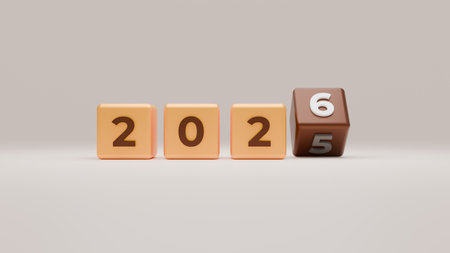 Pastel Cubes Forming 2026 With Rotating Brown Block For New Year Transition Designの写真素材