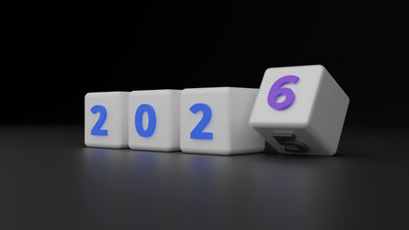 White Cubes With Blue And Purple Digits Showing 2026 In Dark Minimal Setting With Rolling Last Cube
