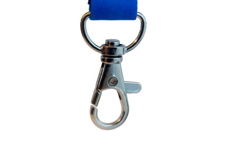 Metal Swivel Snap Hook With Blue Lanyard Strap Isolated On White Background, Badge Holder Keychain Accessory Detailの写真素材