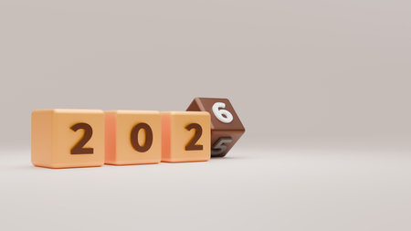 Pastel And Brown Cubes Forming 2026 In Soft Front Camera Angle With Copy Space And Rotating Last Blockの写真素材