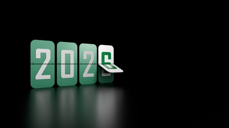 2026 Green Flip Clock Panels With White Transition Digit And Glossy Reflection On Black Backgroundの写真素材