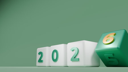 Green And White Cubes With Tilting Six Rolling Off Five For 2025 To 2026 Conceptの写真素材