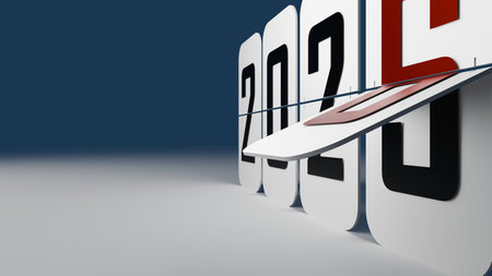 2025 2026 Flip Clock Extreme Angle Close-Up With Red Digit And Wide Blue Background Copy Spaceの写真素材