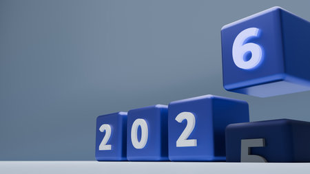 Blue Cubes With Floating Six Above Hidden Five Showing 2025 To 2026 Transition In Dramatic Viewの写真素材