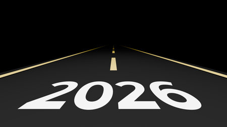 2026 Large White Numbers Painted On Road Perspective At Night With Center Line Leading Toward Futureの写真素材