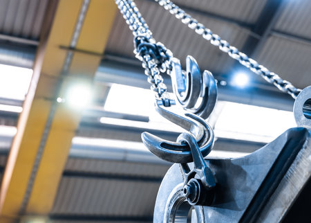 Overhead Crane Chains With Metal Hooks Inside Industrial Factory Hall Heavy Lifting Equipment Backgroundの写真素材