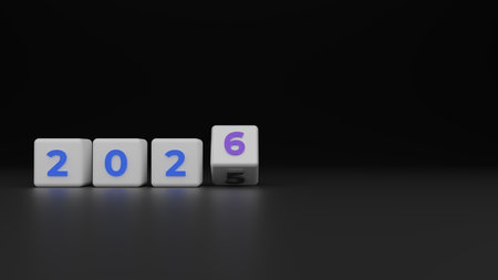 White Cubes With Blue And Purple Digits Showing 2026 In Front Angle On Dark Background With Rolling...