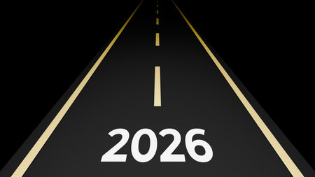 2026 Road Marking On Black Highway With Center Line Perspective Symbolizing Forward Progress Into New Yearの写真素材