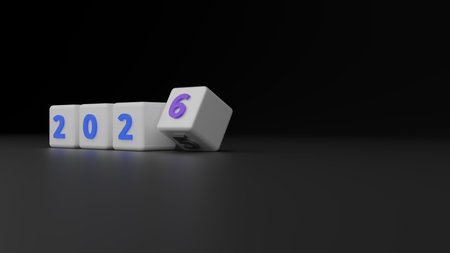 White Cubes With Blue Digits And Rolling Purple Six Showing 2025 To 2026 Turnoverの写真素材