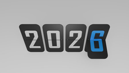 Gray Flip Clock Composition With Blue Digit Tilted Forward On Smooth Light Gray Backgroundの写真素材