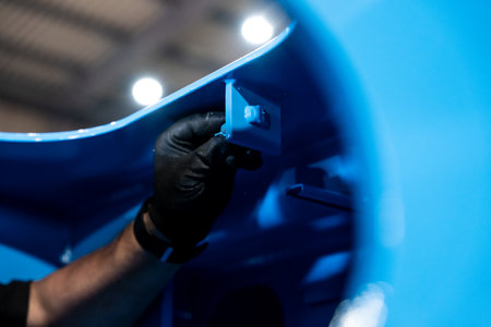 Worker Inspecting Painted Metal Component Inside Production Facility For Industrial Manufacturing And Quality Controlの写真素材