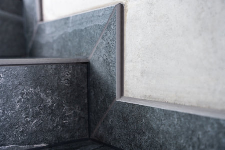 Stone Staircase Corner Detail With Precision Tile Work And Clean Construction Finish For Interior Architectureの写真素材